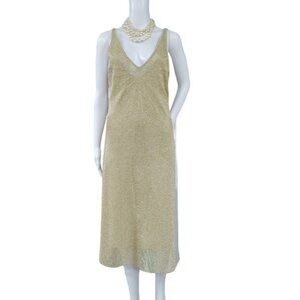 Exte Sleeveless V-neck Knit Midi Dress Metalic Gold Stretch Women's Size Small